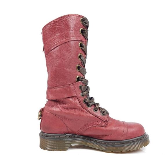 Dr. Martens Pink TRIUMPH 1914 W Ribbon Lace Leather Fold Down Boots 6 90s Grunge - Picture 2 of 7